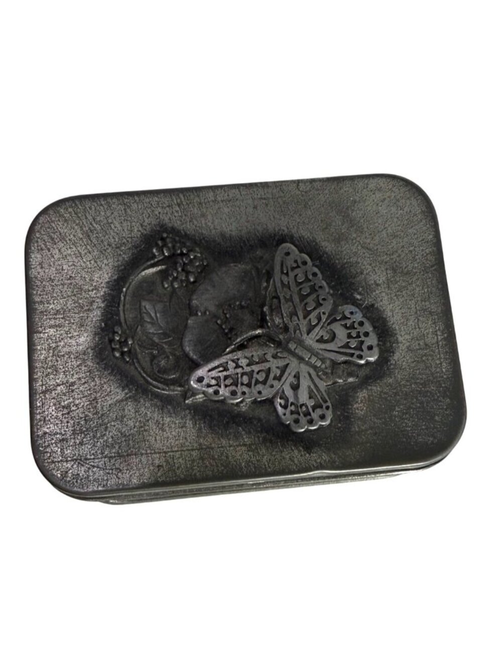 Vintage Butterfly Embossed Pewter Trinket Box Patina By Metzke Inc. 4.5" X 3"